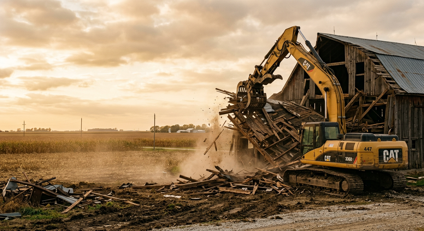 A yellow excavator tearing down an old wooden barn on Illinois farmland at sunset