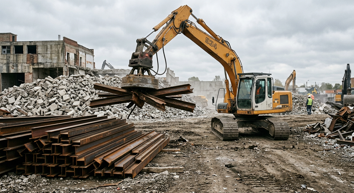 Excavator with a magnet attachment sorting recovered steel beams at a demolition site