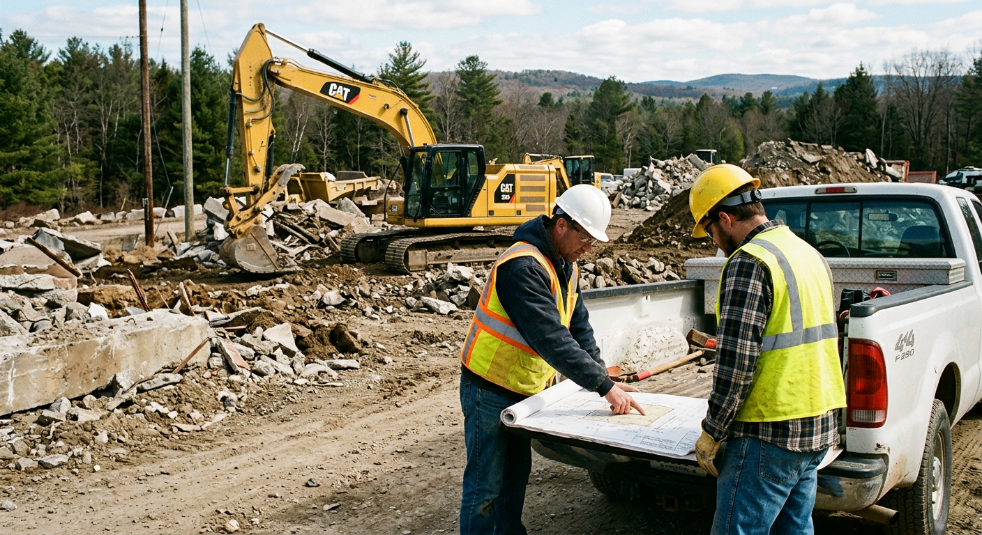 Two crew members in hard hats and high-visibility vests reviewing site plans beside an excavator