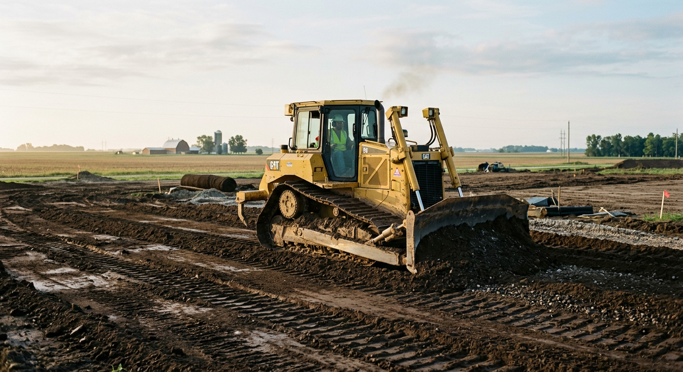 Bulldozer grading fresh soil during rural site preparation